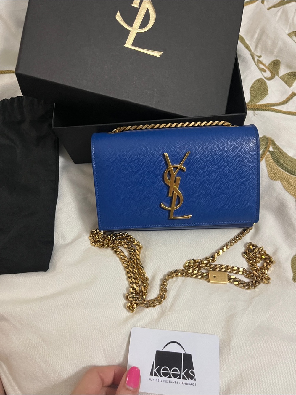 Saint Laurent Royal Blue Leather Chain Wallet with Gold YSL Emblem